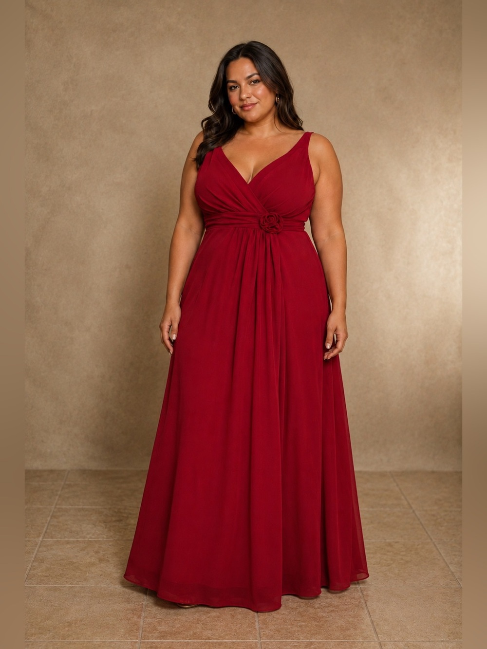 Bill Levkoff Burgundy V-Neck Chiffon Maxi Dress